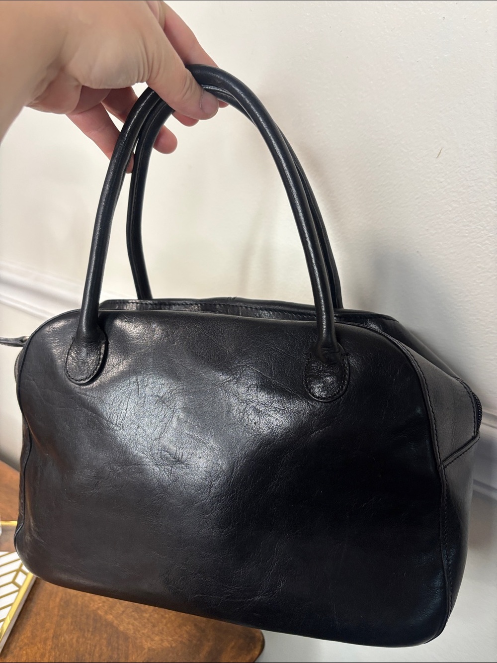 WILSON’S LEATHER Smooth Black Leather Double Top-Handle Satchel with Twilly- EUC - Picture 10 of 16